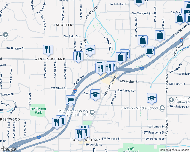 map of restaurants, bars, coffee shops, grocery stores, and more near 4647 Southwest Huber Street in Portland
