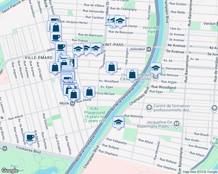 map of restaurants, bars, coffee shops, grocery stores, and more near Avenue Egan in Montréal