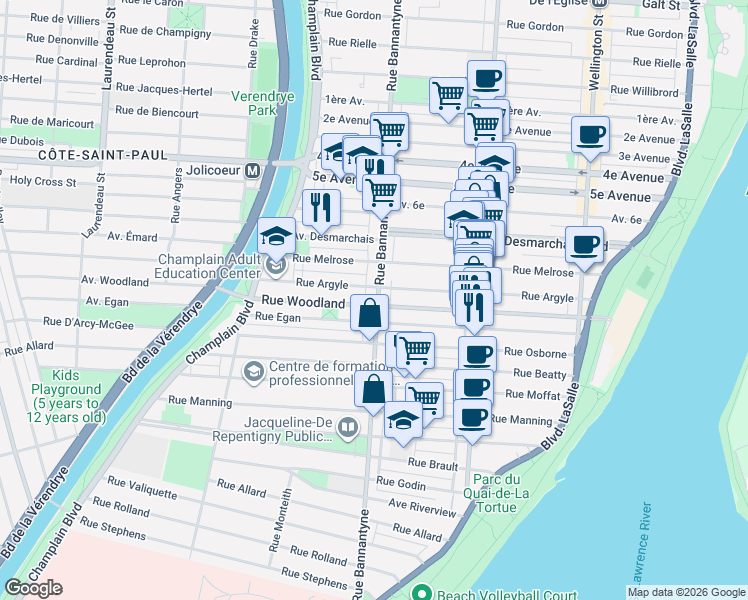 map of restaurants, bars, coffee shops, grocery stores, and more near 5441 Avenue Bannantyne in Montréal