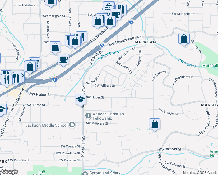 map of restaurants, bars, coffee shops, grocery stores, and more near 3114 Southwest Wilbard Street in Portland