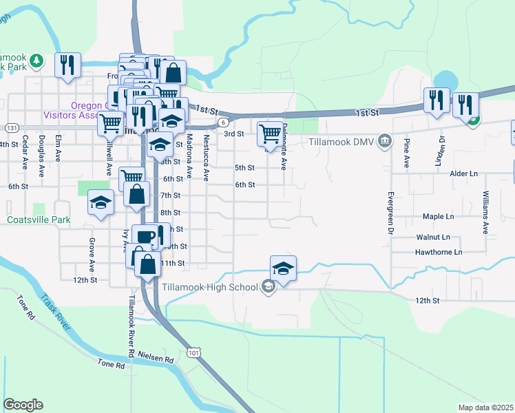 map of restaurants, bars, coffee shops, grocery stores, and more near 2517 7th Street in Tillamook