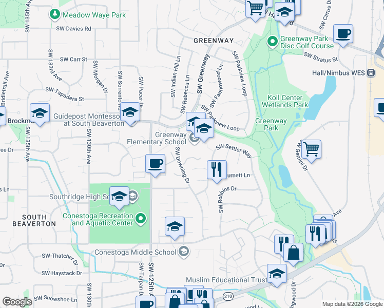 map of restaurants, bars, coffee shops, grocery stores, and more near 9280 Southwest Downing Drive in Beaverton