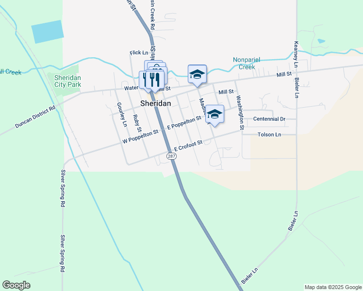 map of restaurants, bars, coffee shops, grocery stores, and more near 107 East Crofoot Street in Sheridan