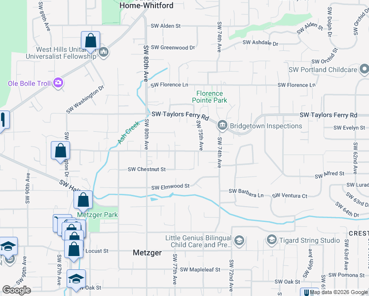 map of restaurants, bars, coffee shops, grocery stores, and more near 7645 Southwest Cedarcrest Street in Portland