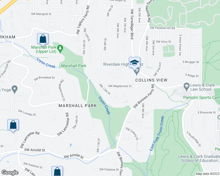 map of restaurants, bars, coffee shops, grocery stores, and more near 920 Southwest Maplecrest Court in Portland
