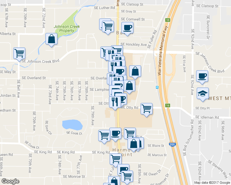 map of restaurants, bars, coffee shops, grocery stores, and more near 9603 Southeast 82nd Avenue in Portland