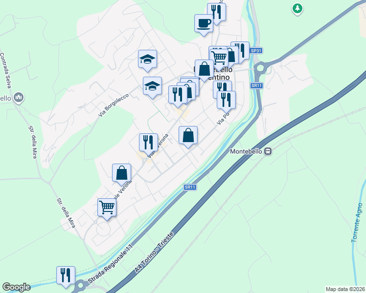 map of restaurants, bars, coffee shops, grocery stores, and more near 19 Stradella Muzzi in Montebello Vicentino