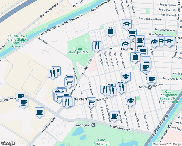 map of restaurants, bars, coffee shops, grocery stores, and more near 3230 Rue Jean-Béraud in Montréal