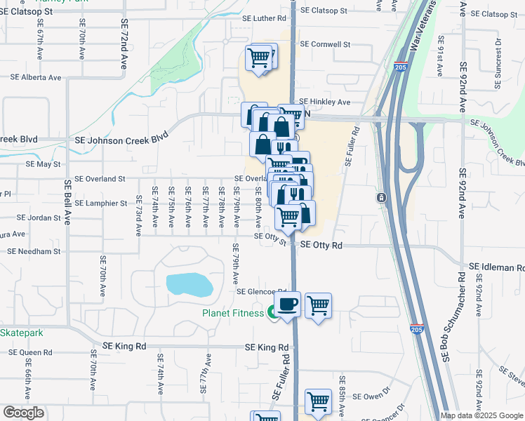 map of restaurants, bars, coffee shops, grocery stores, and more near 9602 Southeast 80th Avenue in Milwaukie