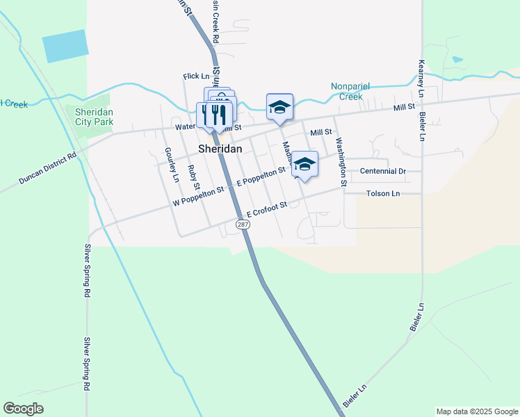 map of restaurants, bars, coffee shops, grocery stores, and more near 107-199 East Crofoot Street in Sheridan