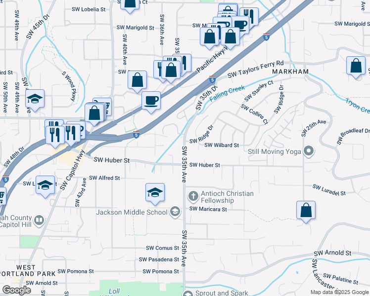 map of restaurants, bars, coffee shops, grocery stores, and more near 9939 Southwest 35th Drive in Portland