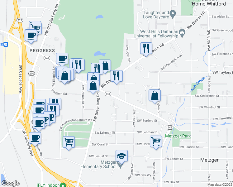 map of restaurants, bars, coffee shops, grocery stores, and more near 9360 Southwest Hall Boulevard in Portland
