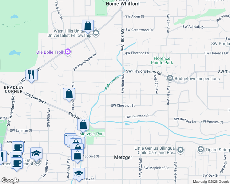 map of restaurants, bars, coffee shops, grocery stores, and more near 8077 Southwest Cedarcrest Street in Portland