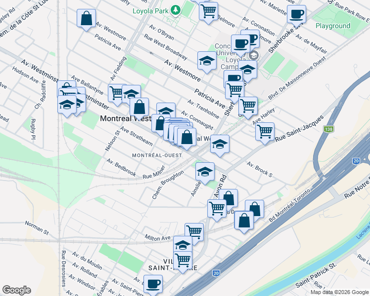map of restaurants, bars, coffee shops, grocery stores, and more near 33 Westminster North in Montréal-Ouest
