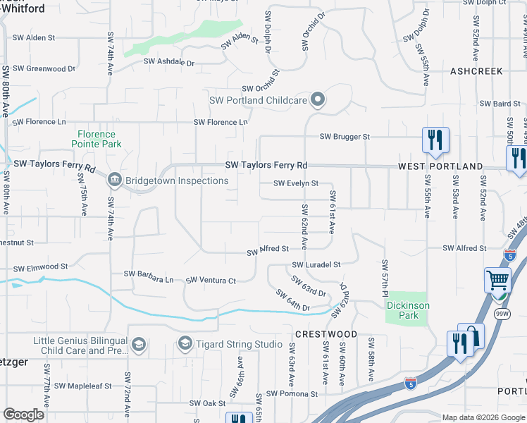 map of restaurants, bars, coffee shops, grocery stores, and more near 6485 Southwest Huber Street in Portland
