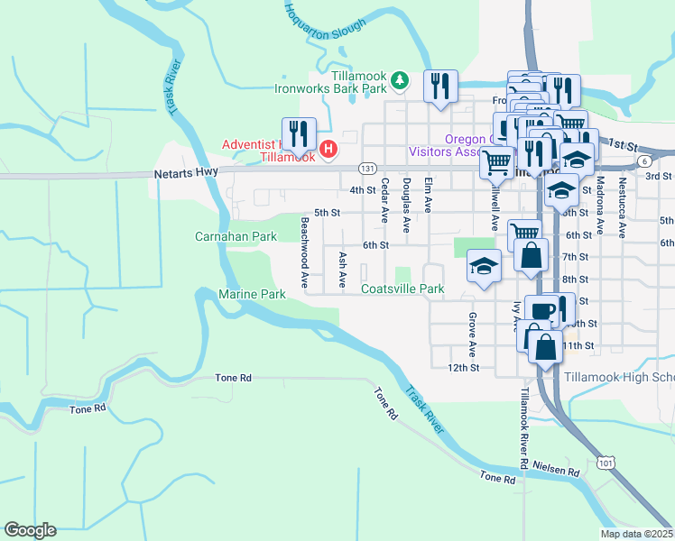 map of restaurants, bars, coffee shops, grocery stores, and more near 608 Ash Avenue in Tillamook