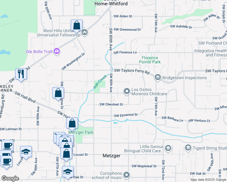 map of restaurants, bars, coffee shops, grocery stores, and more near 9280 Southwest 80th Avenue in Portland