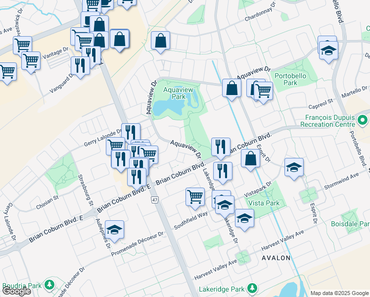 map of restaurants, bars, coffee shops, grocery stores, and more near 303 Aquaview Drive in Ottawa