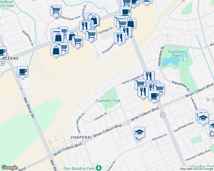 map of restaurants, bars, coffee shops, grocery stores, and more near 607 Petrichor Crescent in Ottawa