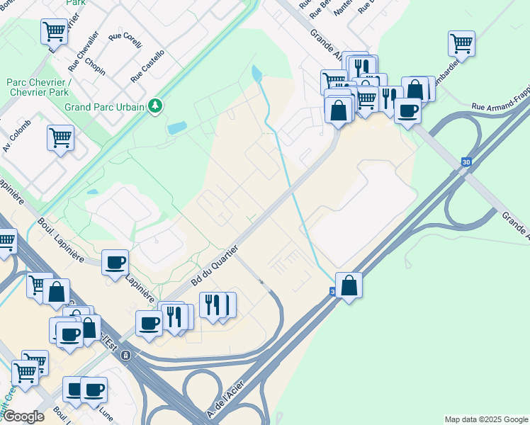 map of restaurants, bars, coffee shops, grocery stores, and more near in Brossard