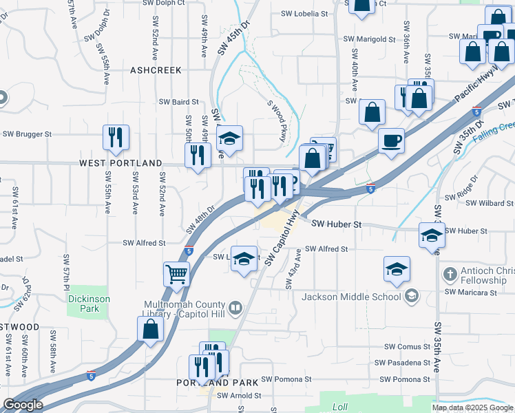 map of restaurants, bars, coffee shops, grocery stores, and more near 10100 Southwest Barbur Boulevard in Portland