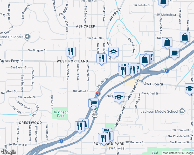 map of restaurants, bars, coffee shops, grocery stores, and more near 10024 Southwest 50th Avenue in Portland