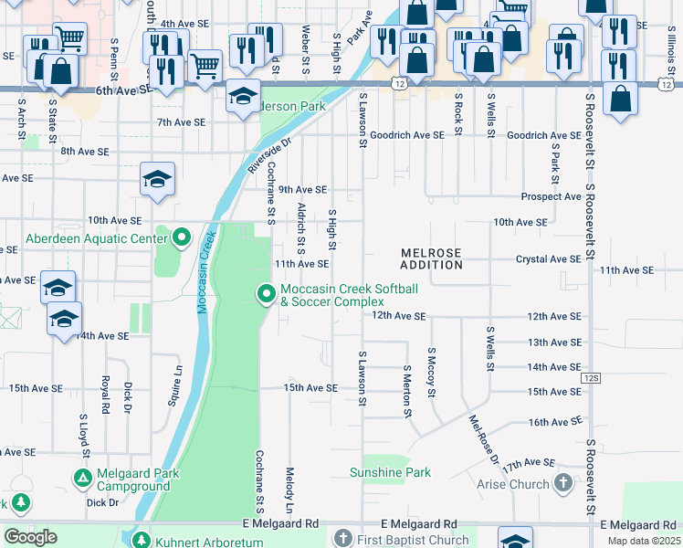 map of restaurants, bars, coffee shops, grocery stores, and more near 1109 South High Street in Aberdeen