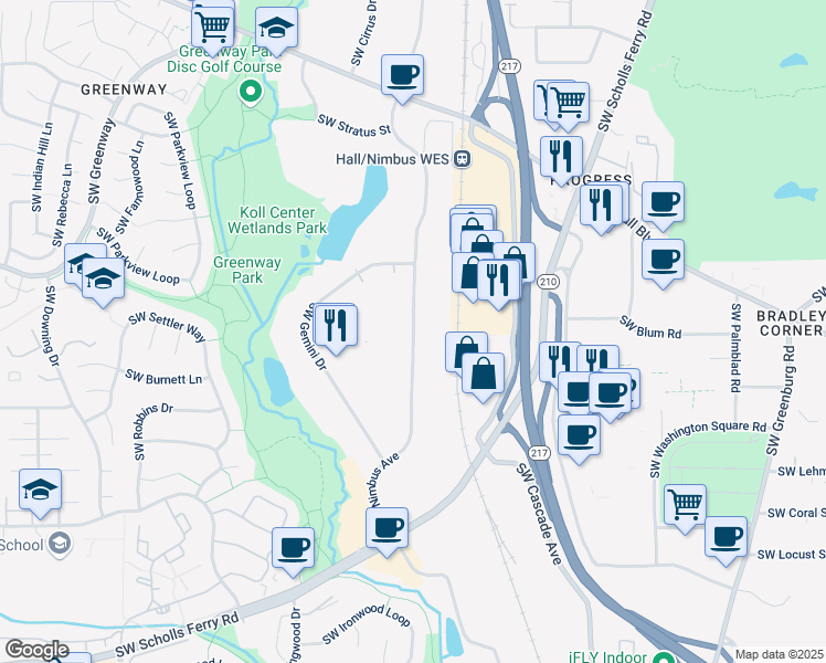 map of restaurants, bars, coffee shops, grocery stores, and more near 9210 Southwest Nimbus Avenue in Beaverton