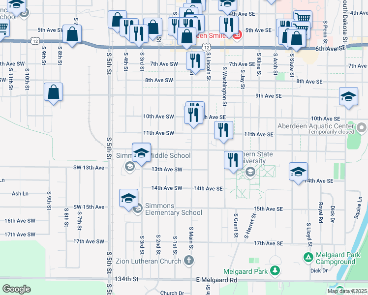 map of restaurants, bars, coffee shops, grocery stores, and more near 1122 South Main Street in Aberdeen