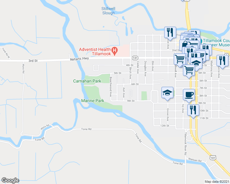 map of restaurants, bars, coffee shops, grocery stores, and more near 608 Cottonwood Avenue in Tillamook