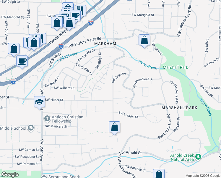 map of restaurants, bars, coffee shops, grocery stores, and more near 10001 Southwest 25th Avenue in Portland