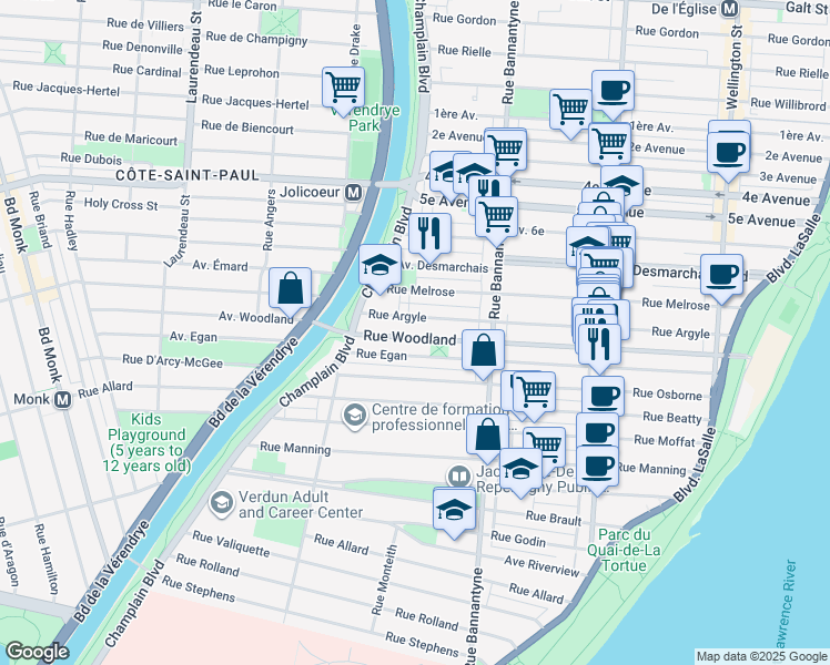 map of restaurants, bars, coffee shops, grocery stores, and more near 1099 Rue Woodland in Montréal