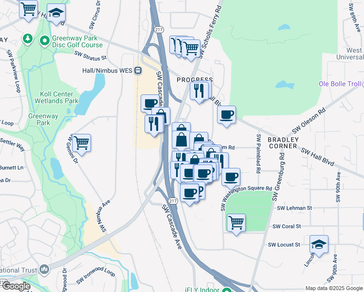 map of restaurants, bars, coffee shops, grocery stores, and more near 9321 Southwest Washington Square Road in Portland