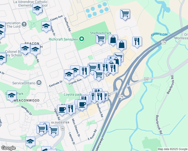 map of restaurants, bars, coffee shops, grocery stores, and more near in Ottawa