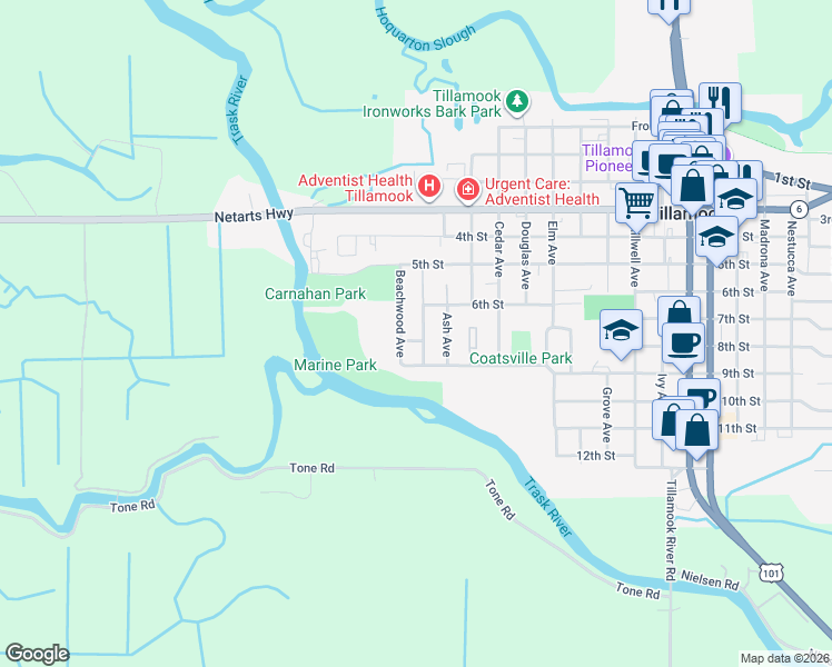 map of restaurants, bars, coffee shops, grocery stores, and more near 608 Cottonwood Avenue in Tillamook