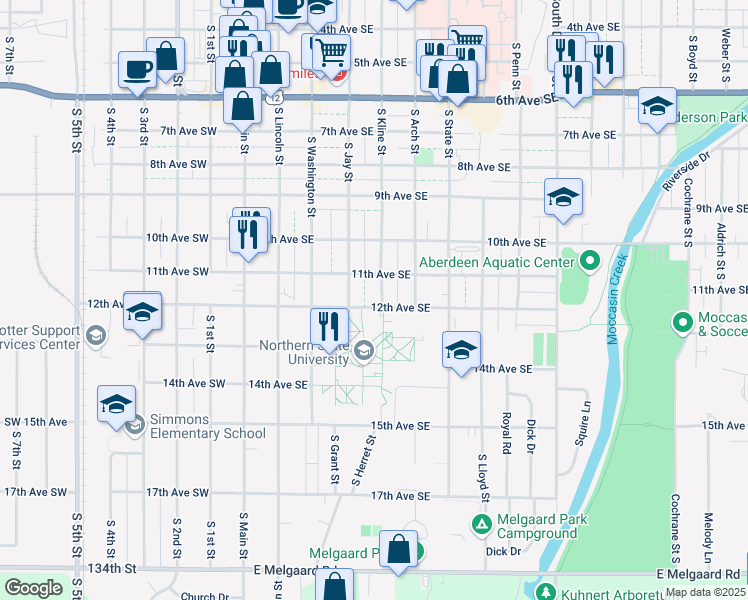map of restaurants, bars, coffee shops, grocery stores, and more near 1120 South Kline Street in Aberdeen