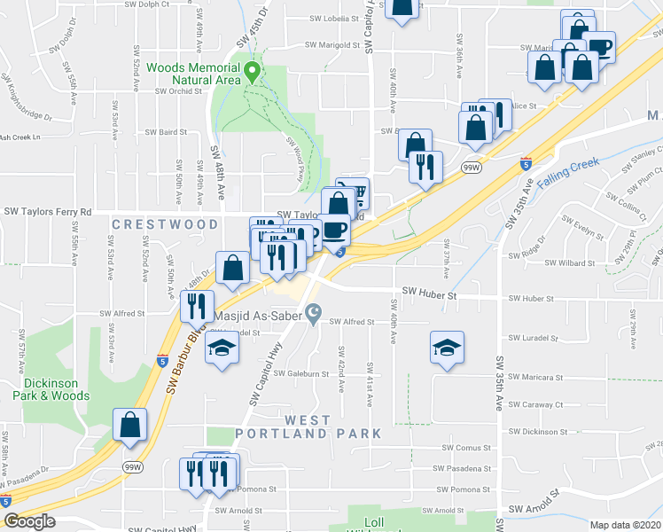map of restaurants, bars, coffee shops, grocery stores, and more near 10030 Southwest Capitol Highway in Portland