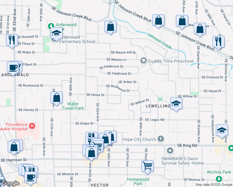 map of restaurants, bars, coffee shops, grocery stores, and more near 4515 Southeast Howe Street in Milwaukie