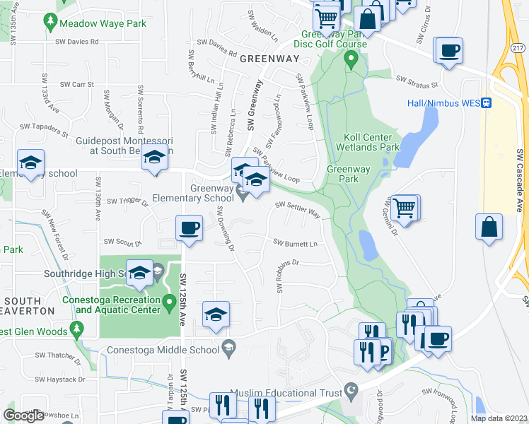 map of restaurants, bars, coffee shops, grocery stores, and more near 11955 Southwest Settler Way in Beaverton