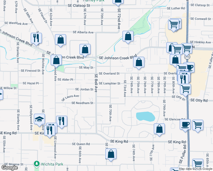 map of restaurants, bars, coffee shops, grocery stores, and more near 6840 Southeast Lamphier Street in Milwaukie