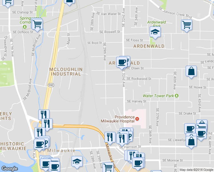 map of restaurants, bars, coffee shops, grocery stores, and more near 2902 Southeast Kelvin Street in Milwaukie