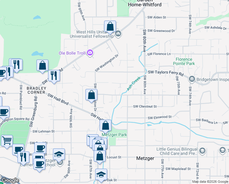 map of restaurants, bars, coffee shops, grocery stores, and more near 8407 Southwest Cedarcrest Street in Tigard