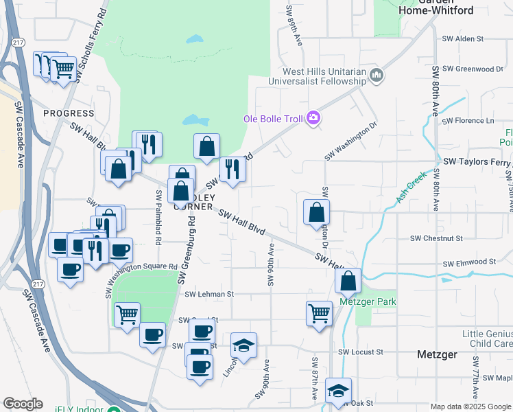 map of restaurants, bars, coffee shops, grocery stores, and more near 9087 Southwest Cedarcrest Street in Portland