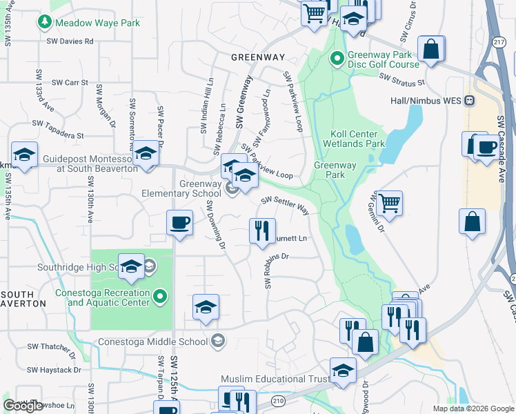 map of restaurants, bars, coffee shops, grocery stores, and more near 11955 Southwest Settler Way in Beaverton