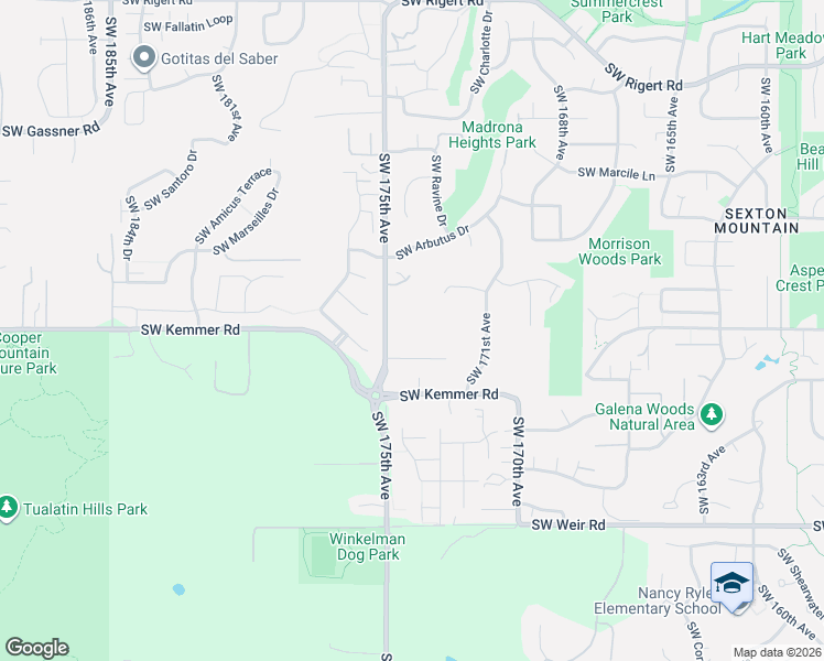 map of restaurants, bars, coffee shops, grocery stores, and more near 9320 Southwest 175th Avenue in Beaverton
