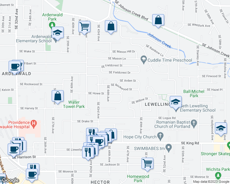 map of restaurants, bars, coffee shops, grocery stores, and more near 4511 Southeast Howe Street in Milwaukie