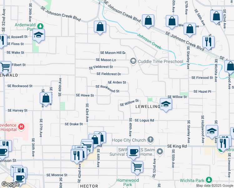 map of restaurants, bars, coffee shops, grocery stores, and more near 4738 Southeast Rockwood Street in Milwaukie