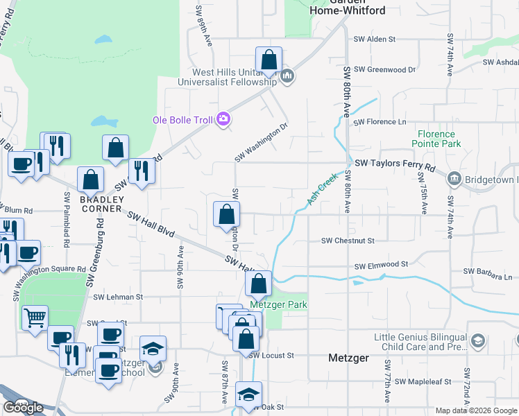 map of restaurants, bars, coffee shops, grocery stores, and more near 8505 Southwest Cedarcrest Street in Portland