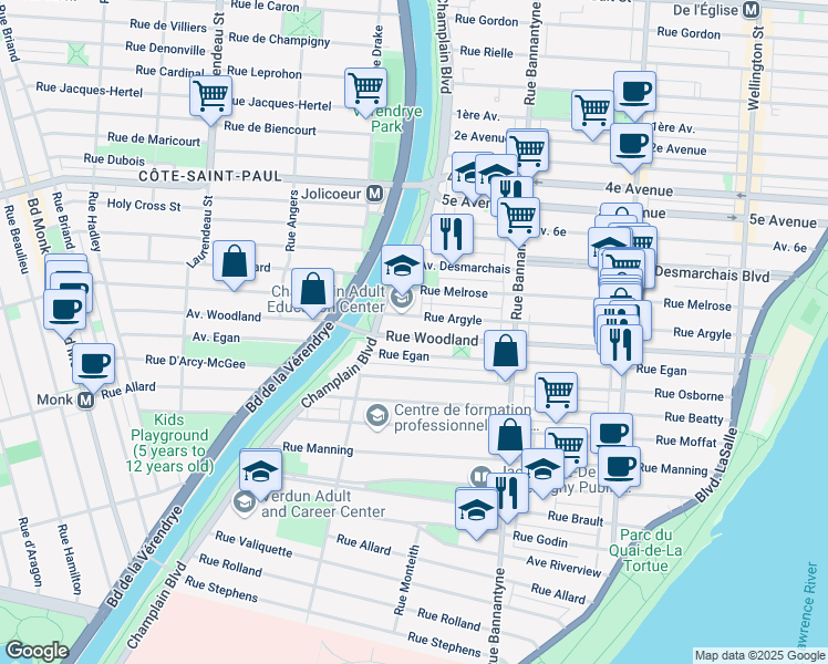 map of restaurants, bars, coffee shops, grocery stores, and more near 1149 Rue Woodland in Montréal