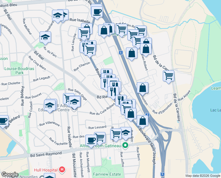 map of restaurants, bars, coffee shops, grocery stores, and more near 678 Boulevard Saint-Joseph in Gatineau